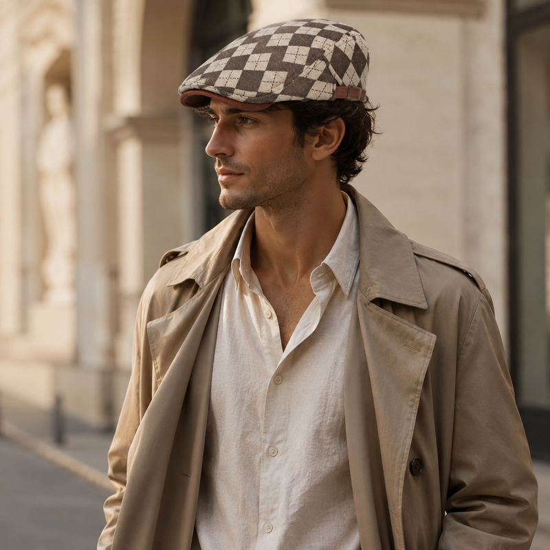 Sterling Larson Checker Cap™ Cotton Blend Flat Cap Leather Trim  Product De