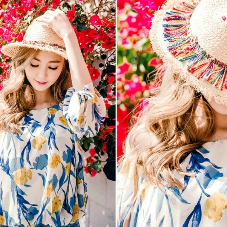Sterling Color Fringed™ Surafi Straw Hat Flat Top Woven Brim