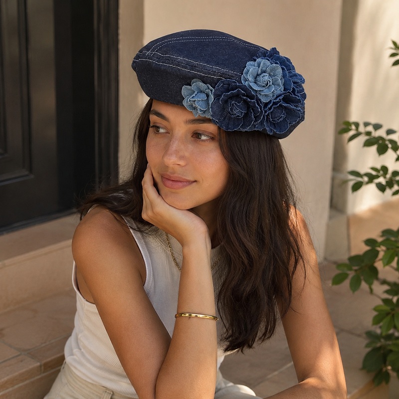 Sterling Camellia Denim Beret™ With Contrast Flower