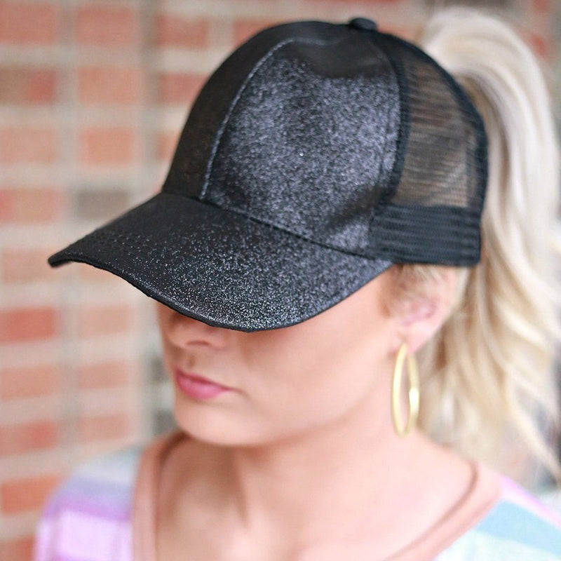 Sterling Glittered Ponytail Baseball Caps™ Curved Brim Glitter Opening