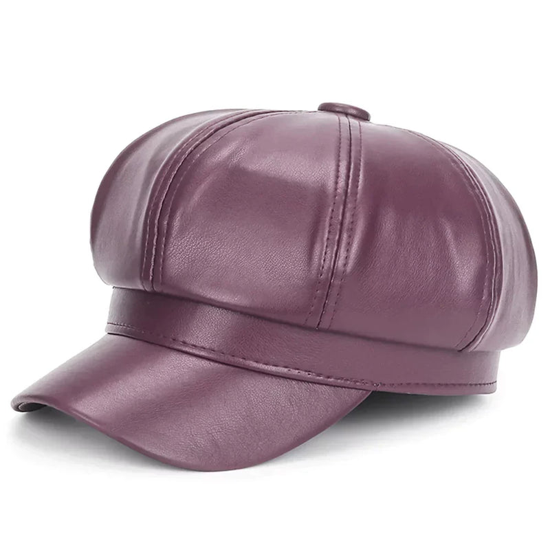 Sterling Sophie Stylish Leather Beret™ Round Faux Leather Tab