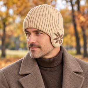 Sterling ear cover beanie beige worn in an outdoor lifestyle portrait