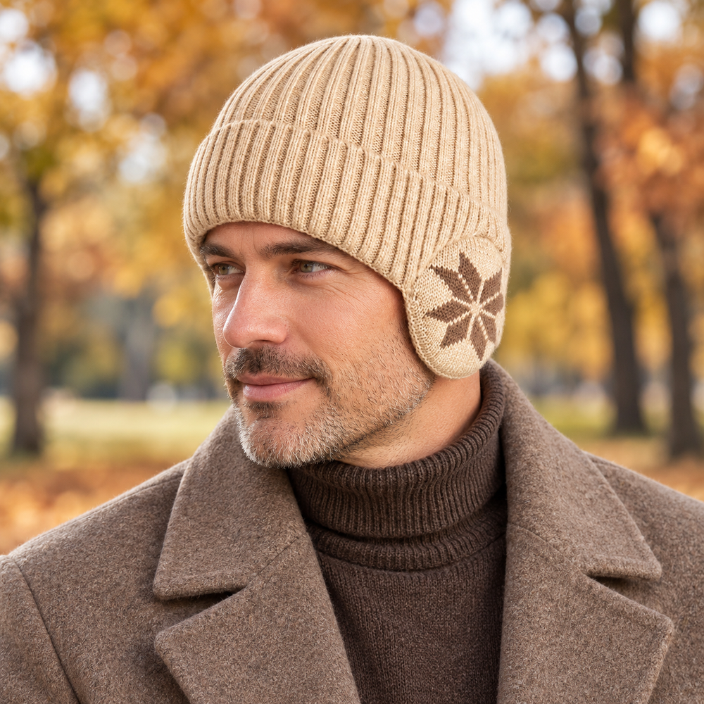 Sterling ear cover beanie beige worn in an outdoor lifestyle portrait