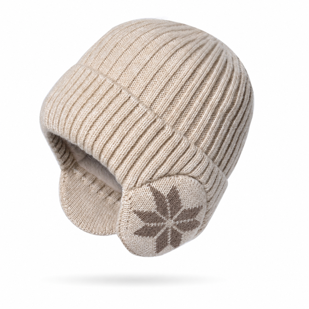 Sterling fleece-lined acrylic earflap beanie in beige with ribbed cuff and snowflake detail