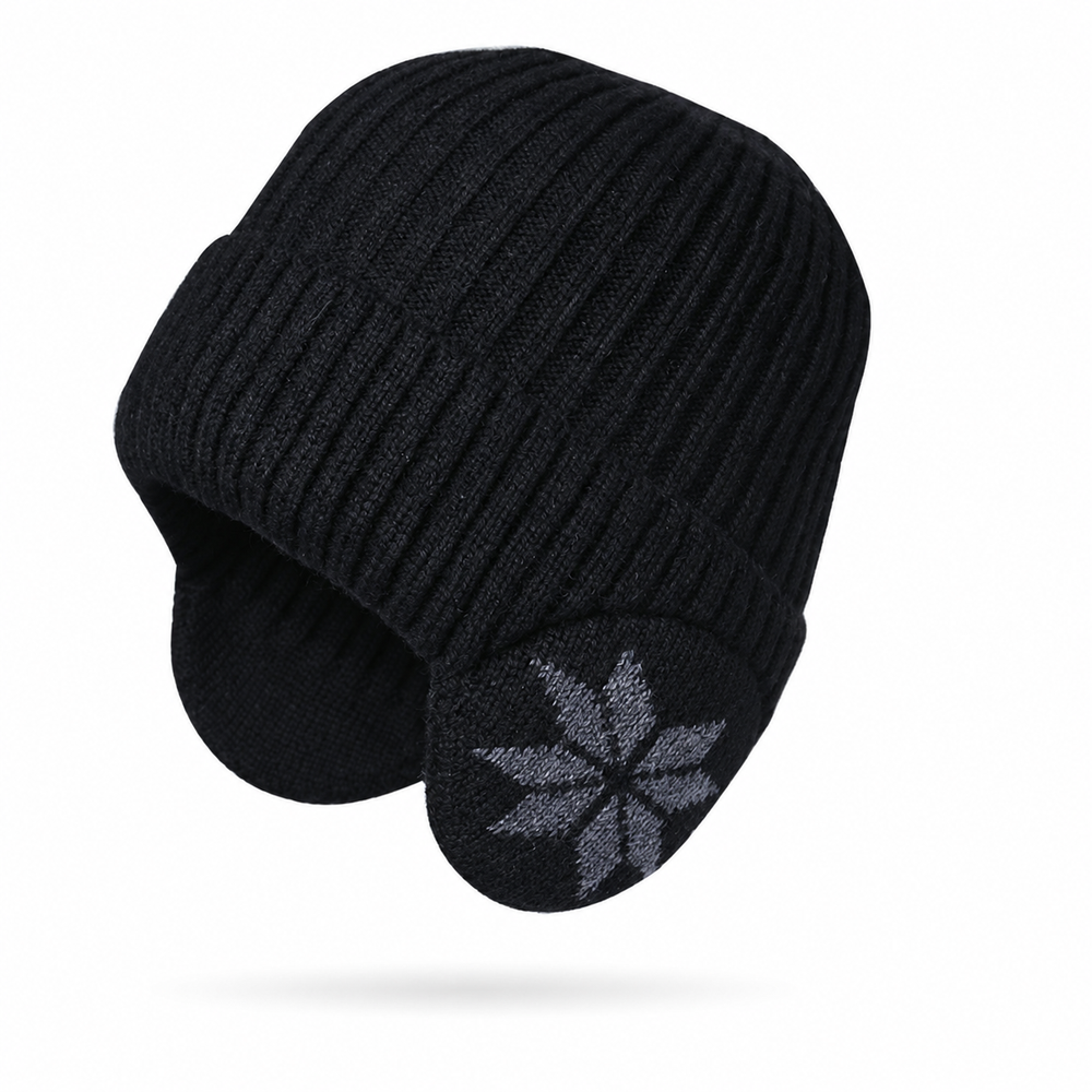 Sterling fleece-lined acrylic earflap beanie in black with ribbed cuff and snowflake detail