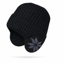 Sterling fleece-lined acrylic earflap beanie in black with ribbed cuff and snowflake detail