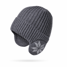 Sterling fleece-lined acrylic earflap beanie in dark gray with ribbed cuff and snowflake detail