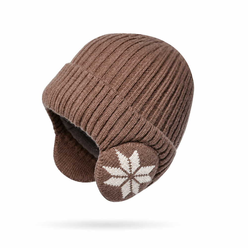 Sterling fleece-lined acrylic earflap beanie in khaki with ribbed cuff and snowflake detail