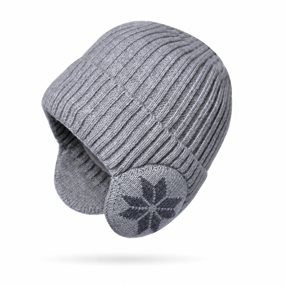 Sterling fleece-lined acrylic earflap beanie in light gray with ribbed cuff and snowflake detail