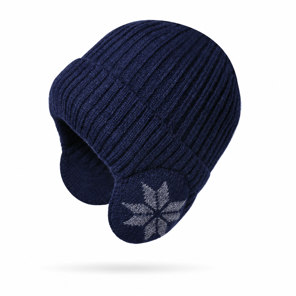 Sterling fleece-lined acrylic earflap beanie in navy blue with ribbed cuff and snowflake detail