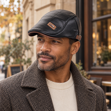 AI-generated lifestyle view of the Sterling Retro PU Faux Leather Newsboy Cap in Black, worn outdoors with a coat.