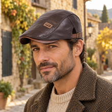 AI-generated lifestyle view of the Sterling Retro PU Faux Leather Newsboy Cap in Coffee, worn outdoors with a coat.