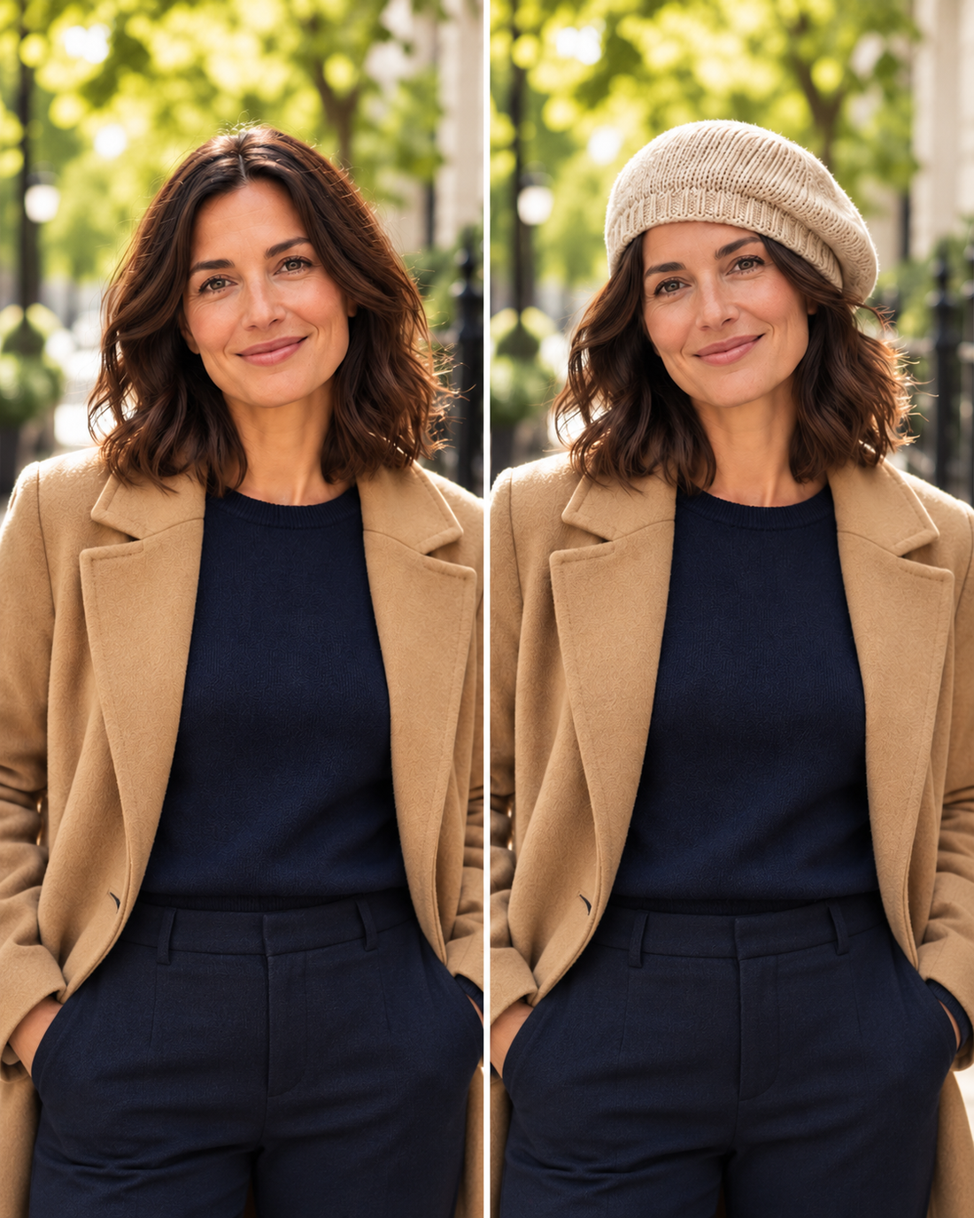 AI styling concept. Check product details for actual fit. The same woman in a camel coat and navy sweater, shown without a hat and with the beige knitted beret.