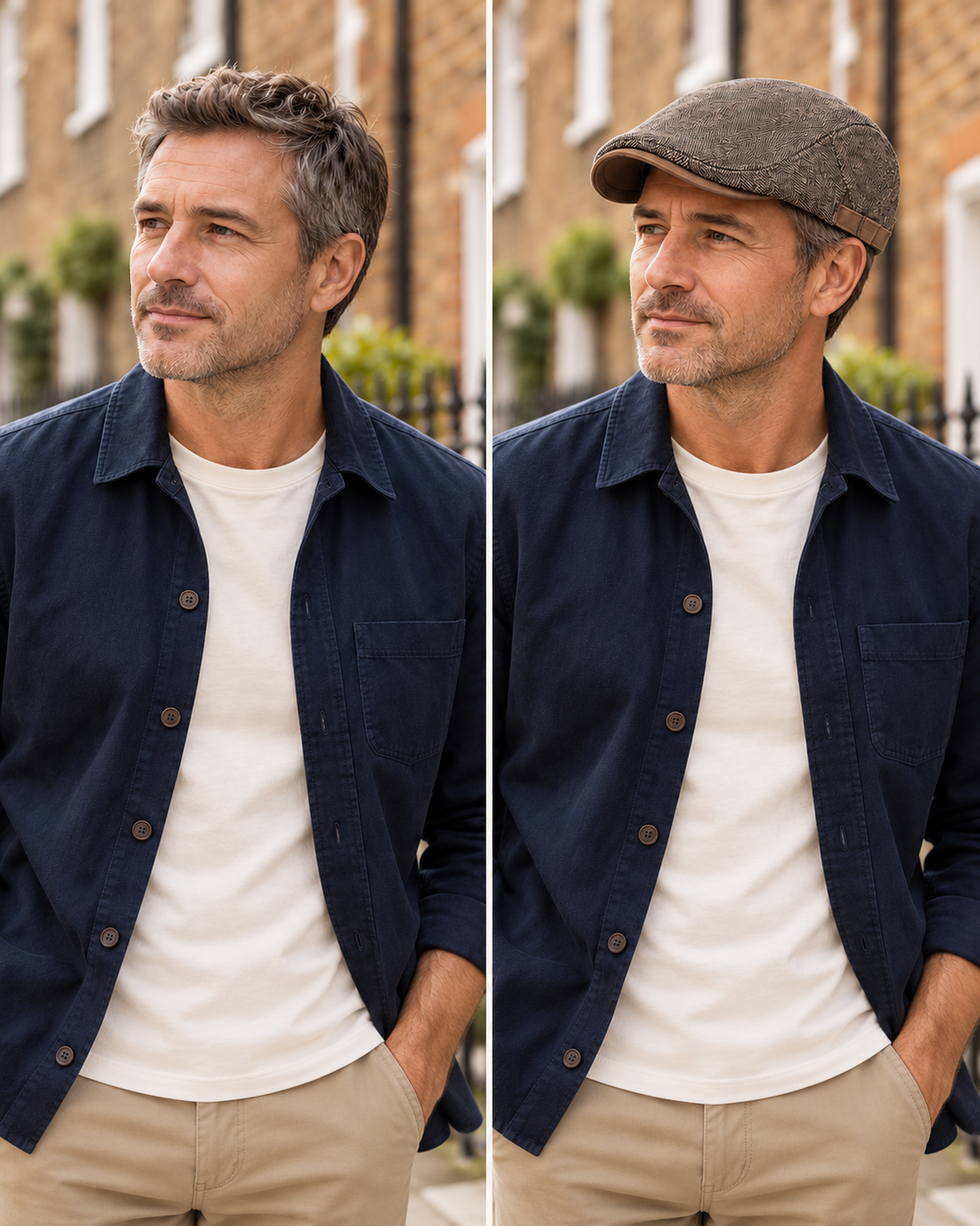 AI styling concept. Check product details for actual fit. The same man in a navy overshirt and white T-shirt, shown without a hat and with the brown Cambridge flat cap.